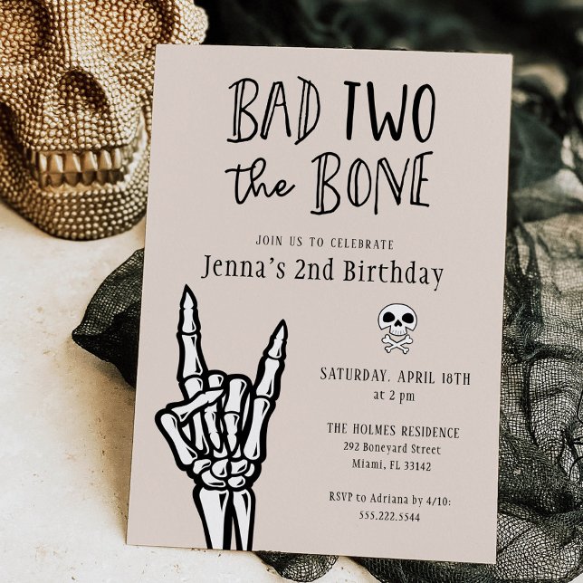 Light Beige Bad Two The Bone 2nd Birthday Party Invitation (Creator Uploaded)