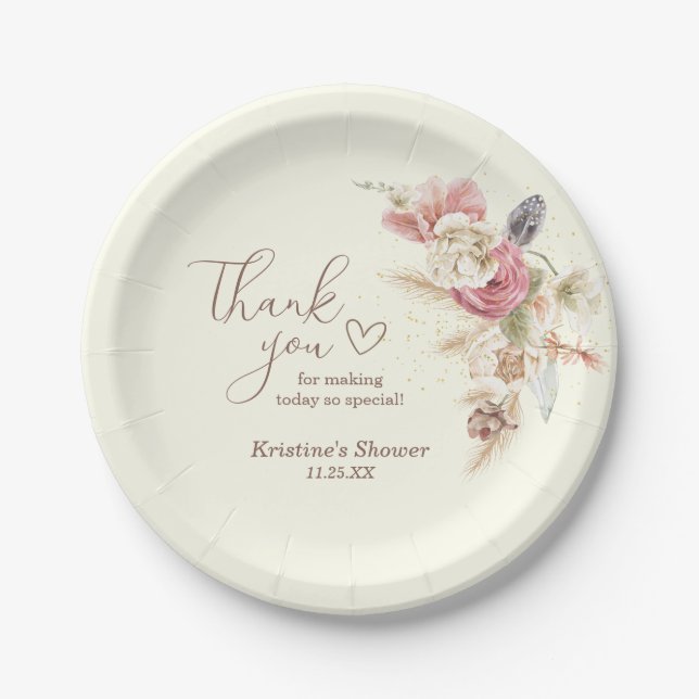 Light Beige Boho Floral Thank You Baby Paper Plate (Front)