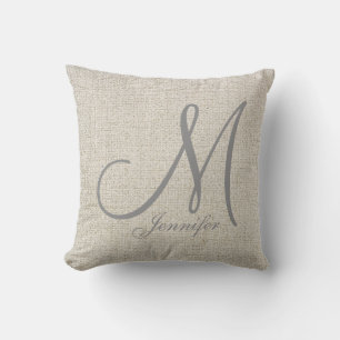 Light BEIGE ECRU Linen GREY Monogram Throw Pillow