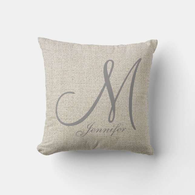 Light BEIGE ECRU Linen GREY Monogram Throw Pillow (Front)