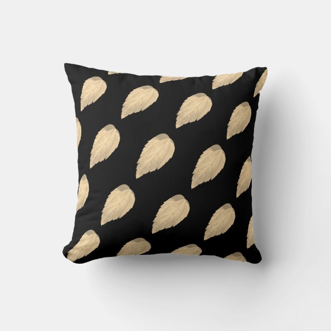 Light Beige Leaves Pattern on Black Throw Pillow (Front)