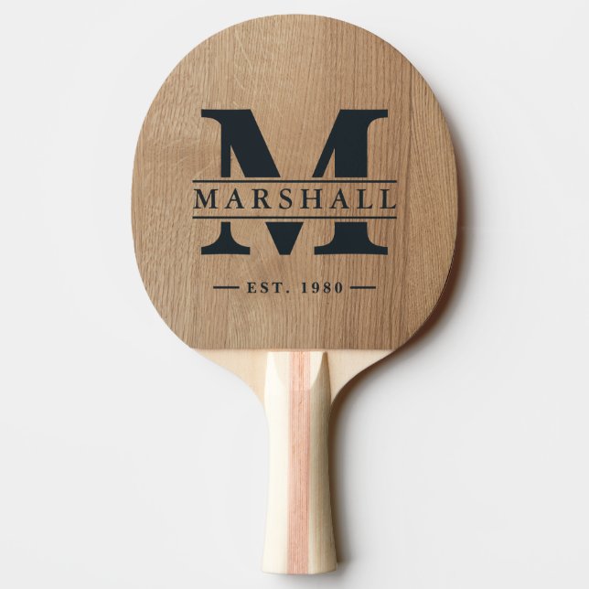 Light Birch Wood Monogram & Name Overlay Ping Pong Paddle (Back)