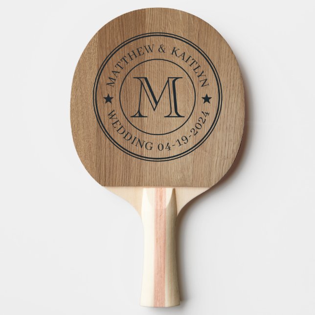 Light Birch Wood Wedding Monogram Star Ping Pong Paddle (Front)