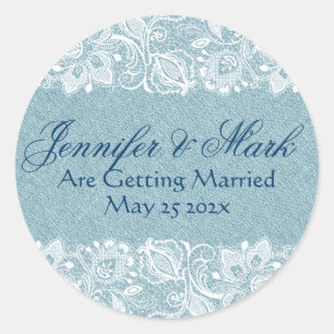 Light-bl Linen Burlap & White Floral Lace 2 Invite Classic Round Sticker
