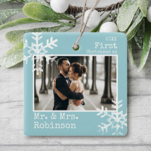 Light Blue 1st Christmas Mr. & Mrs. Custom Photo Ceramic Ornament