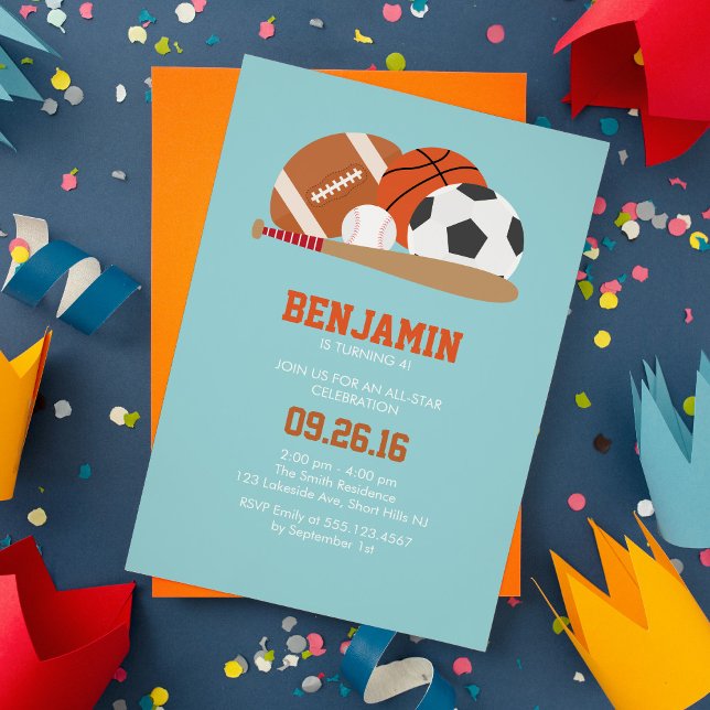 Light Blue All Star Sports Birthday Party Invitation (Creator Uploaded)