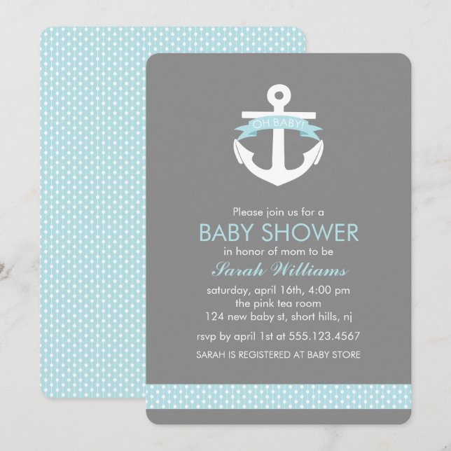 Light Blue Anchor Nautical Boy Baby Shower Invitation (Front/Back)