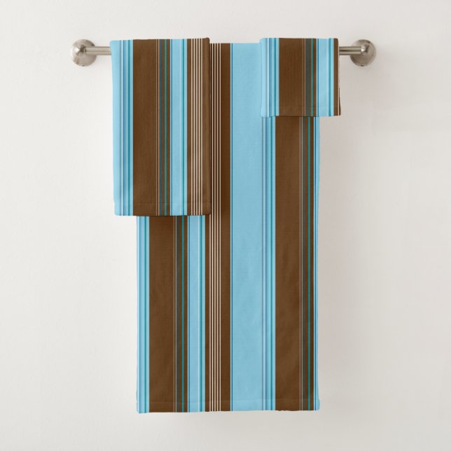 Light Blue And Brown Vertical Striped Bath Towel Set (Insitu)