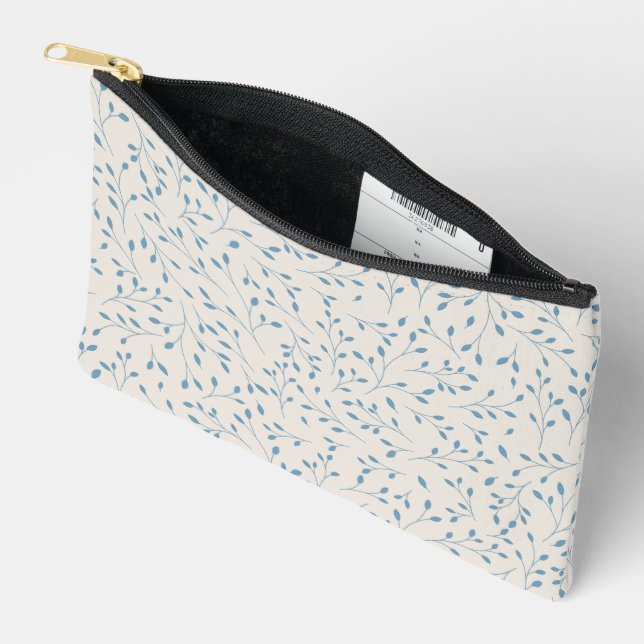 Light Blue and Cream Delicate Botanical Vine Patte Accessory Pouch (Open)