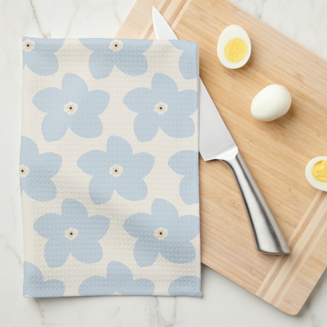 Light Blue And Cream Retro Flower Kitchen Towel (Quarter Fold)