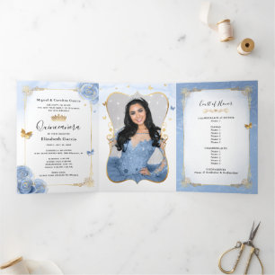 Light Blue and Gold Elegant Spanish Photo Quince Tri-Fold Invitation