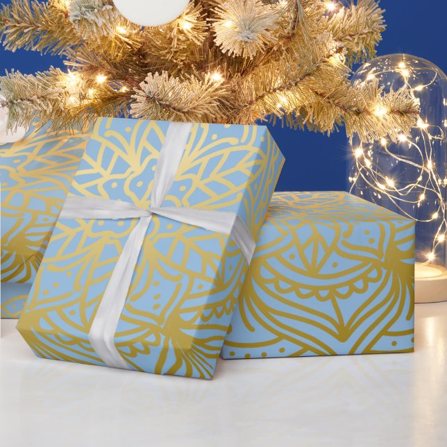 Light blue and Gold Mandala Pattern Wrapping Paper (Holidays)