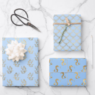 Light blue and gold mermaid scale ocean seamless   wrapping paper sheet