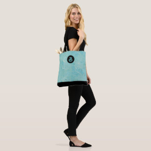 Light blue and gold Palm Leaves Pattern Monogram Tote Bag
