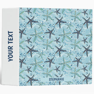 Light Blue and Gold Starfish on Ocean Wave Pattern Binder