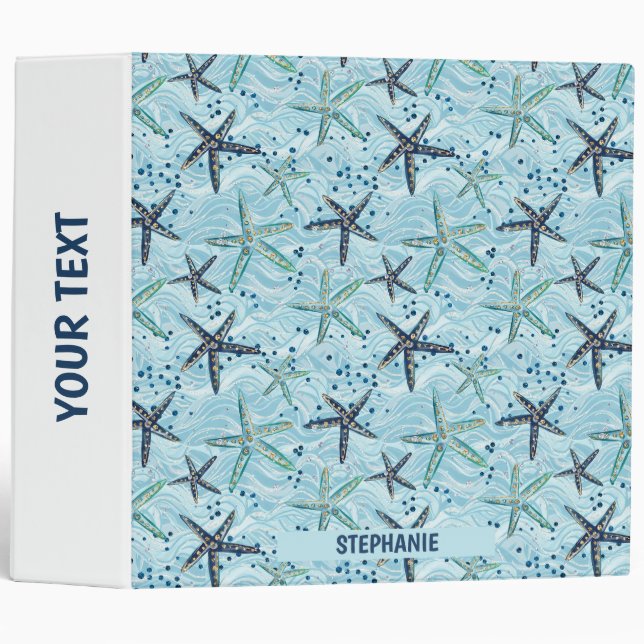 Light Blue and Gold Starfish on Ocean Wave Pattern Binder (Front/Spine)