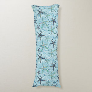 Light Blue and Gold Starfish on Ocean Wave Pattern Body Pillow