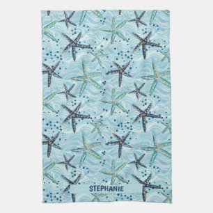 Light Blue and Gold Starfish on Ocean Wave Pattern Kitchen Towel