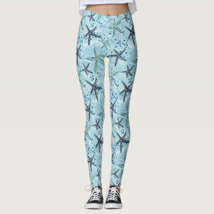 Light Blue and Gold Starfish on Ocean Wave Pattern Leggings