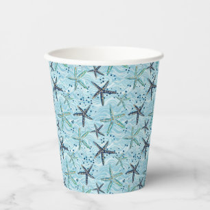 Light Blue and Gold Starfish on Ocean Wave Pattern Paper Cups