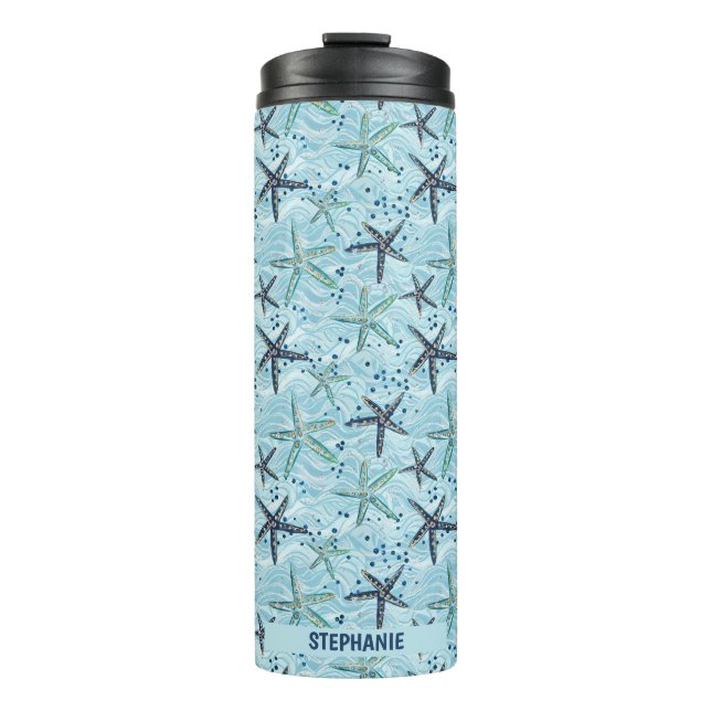 Light Blue and Gold Starfish on Ocean Wave Pattern Thermal Tumbler (Front)