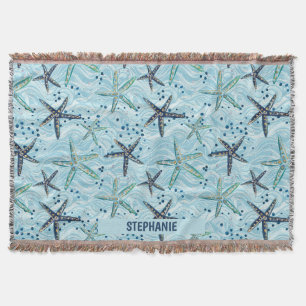 Light Blue and Gold Starfish on Ocean Wave Pattern Throw Blanket