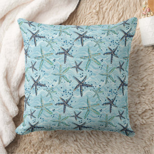 Light Blue and Gold Starfish on Ocean Wave Pattern Throw Pillow