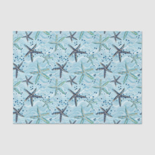Light Blue and Gold Starfish on Ocean Wave Pattern Tissue Paper