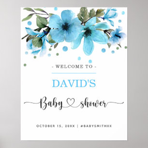Light blue and gold watercolor Boy baby shower Poster