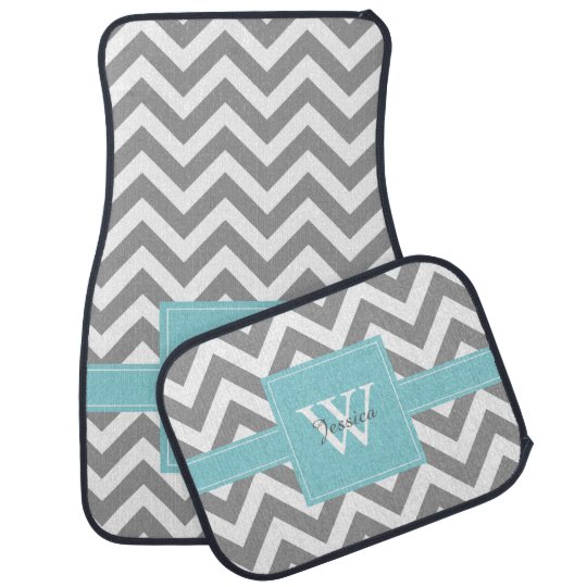 Light Blue and Grey Chevrons Monogram Car Mat