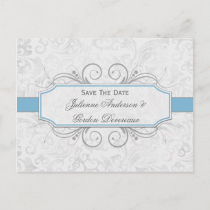 Light Blue and Grey Damask Save The Date Announcement Postcard