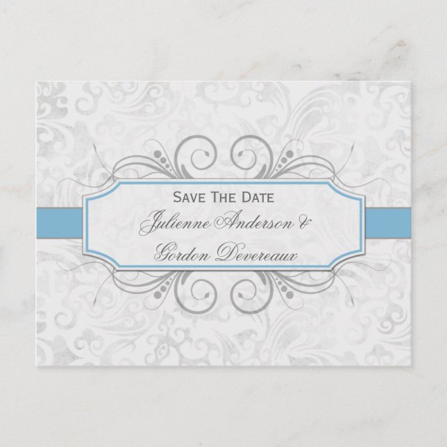 Light Blue and Grey Damask Save The Date Announcement Postcard (Front)