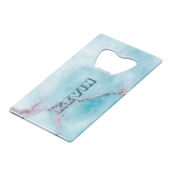 Light-blue and grey faux marble credit card bottle opener (Back Angled)