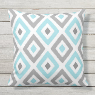 Light Blue and Grey Ikat Diamond Pattern Outdoor Pillow