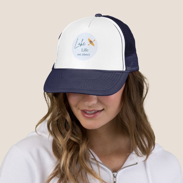 Light Blue and Navy Blue Lake Trucker Hat (In Situ)
