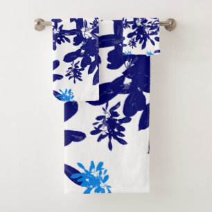 Light Blue and Navy Botanical Bath Towel Set