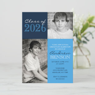 Light Blue and Navy Classic 2 Photo Graduation Invitation