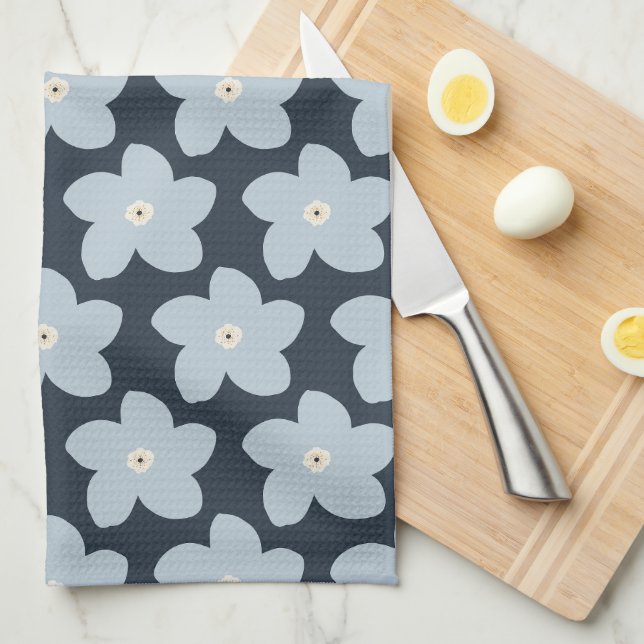 Light Blue And Navy Retro Flower Kitchen Towel (Quarter Fold)