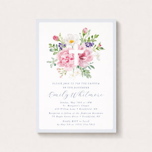 Light Blue and Pink Floral Cross Baptism  Invitation
