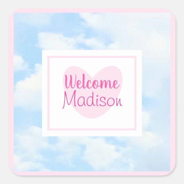 Light Blue and Pink Heart Baby Girl Shower Square Sticker (Front)
