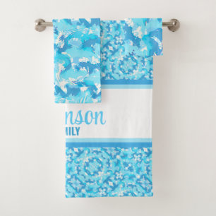 Light blue and White Abstract with name Bath Towel Set
