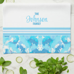 Light blue and White Abstract with striped & name Kitchen Towel