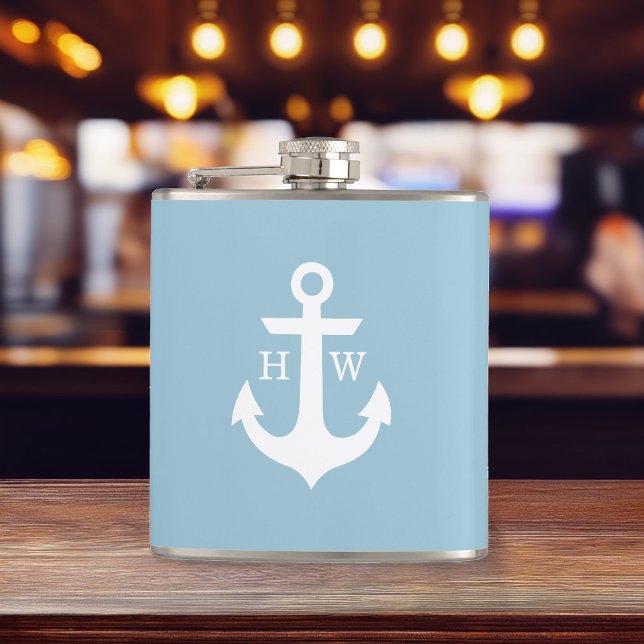 Light Blue and White Anchor Monogram Hip Flask (Creator Uploaded)