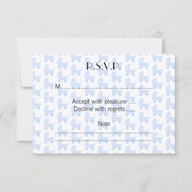 Light Blue and White Baby Stroller Pattern. RSVP Card (Front)