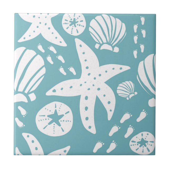 Light Blue and White Beach Seashell Tile (Front)