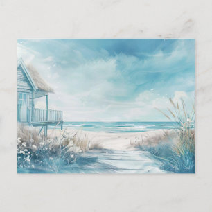 light blue and white coastal landscape postcard
