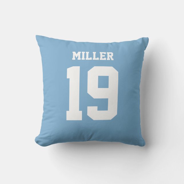 Light Blue and White Double-Sided Sports Jersey Throw Pillow (Front)