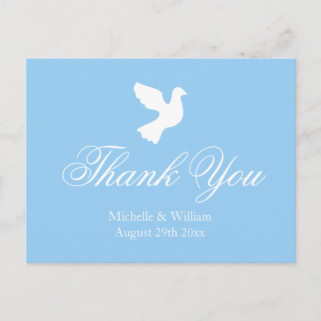 Light blue and white dove wedding thank you cards (Front)