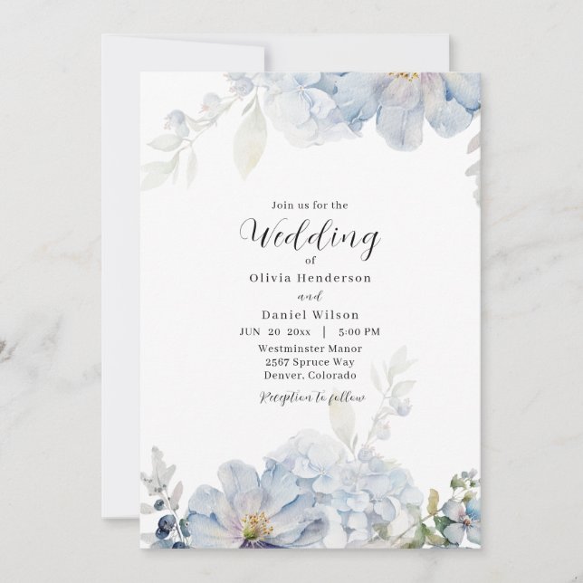 Light Blue and White Floral Wedding Invitation (Front)