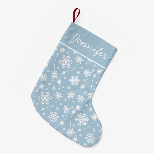Light Blue and White Flowing Snowflake Pattern Small Christmas Stocking (Front (Hanging))